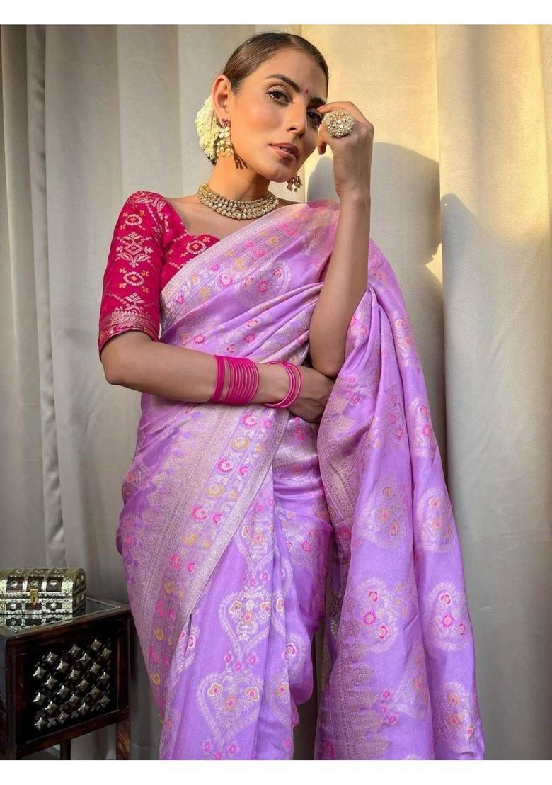 Lavender Woven Jacquard Saree Set - Indya