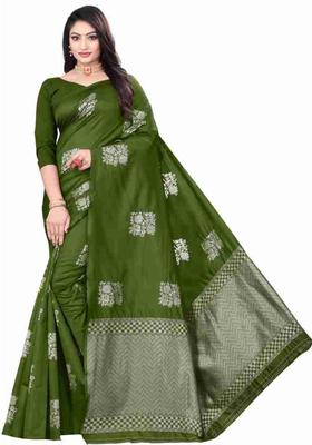 Olive Woven Silk Blend Saree Set