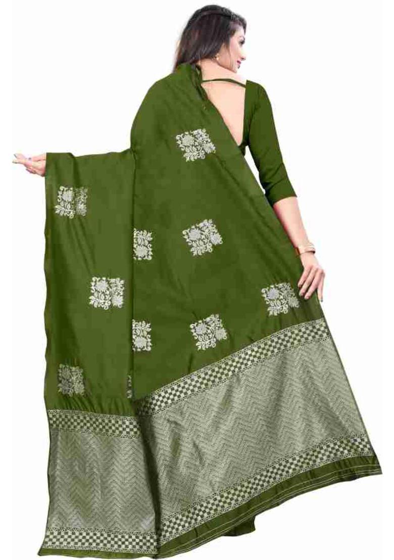 Olive Woven Silk Blend Saree Set - Indya