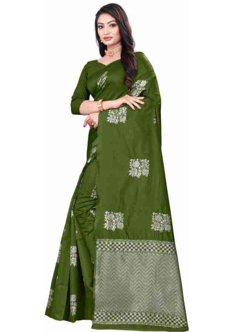 Olive Woven Silk Blend Saree Set for Diwali | Wedding & Festive Wear - Indya