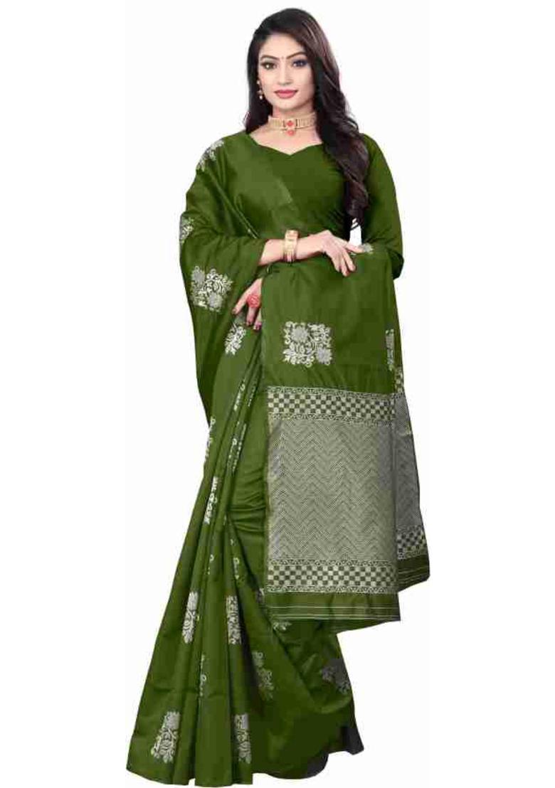 Olive Woven Silk Blend Saree Set - Indya
