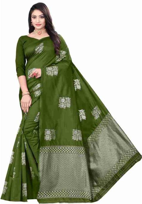 Olive Woven Silk Blend Saree Set