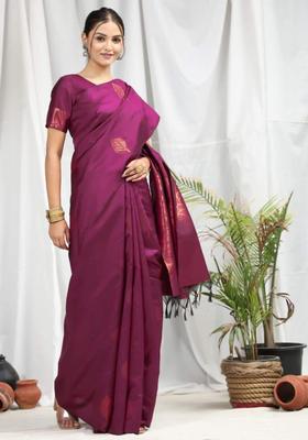 Purple Woven Silk Blend Saree Set
