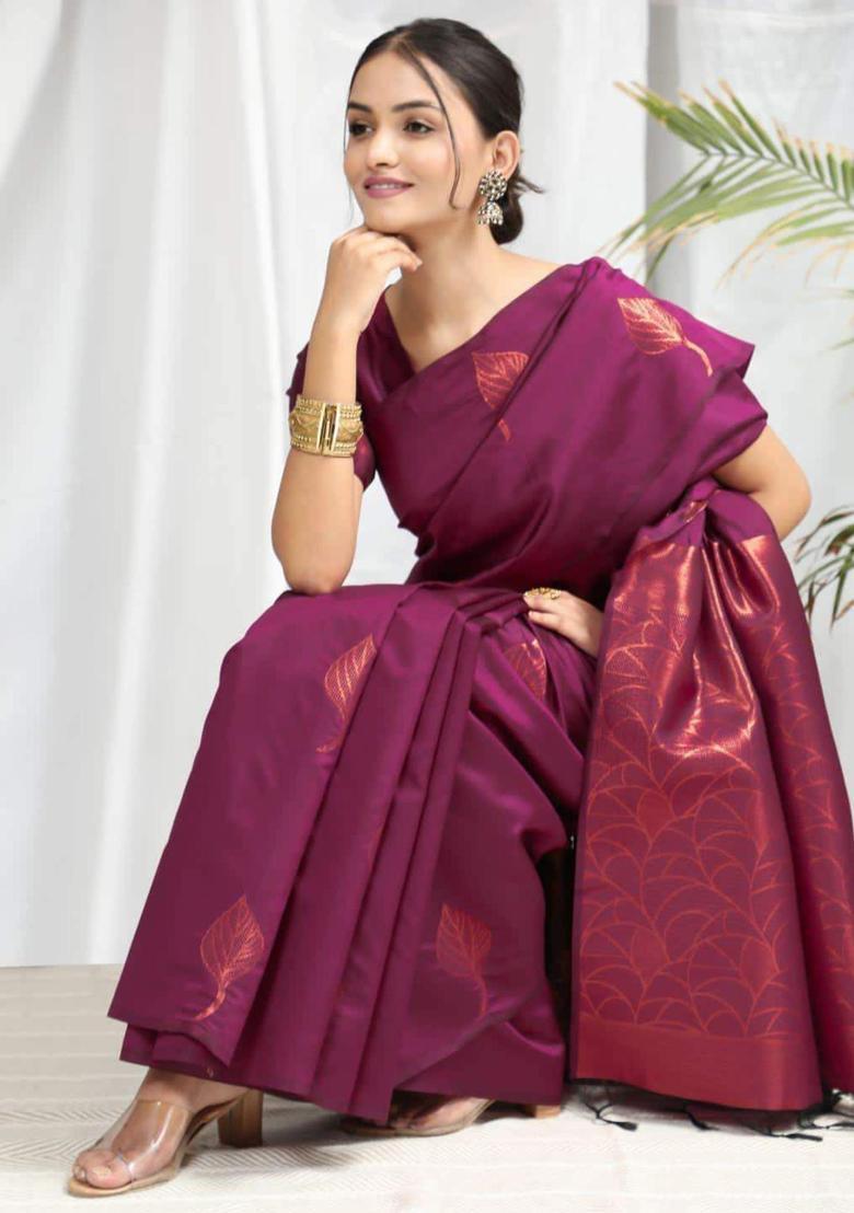 Purple Woven Silk Blend Saree Set - Indya