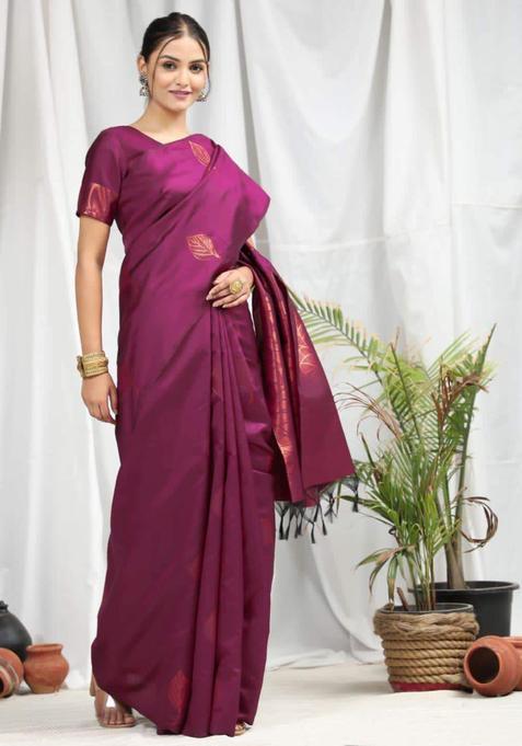 Purple Woven Silk Blend Saree Set