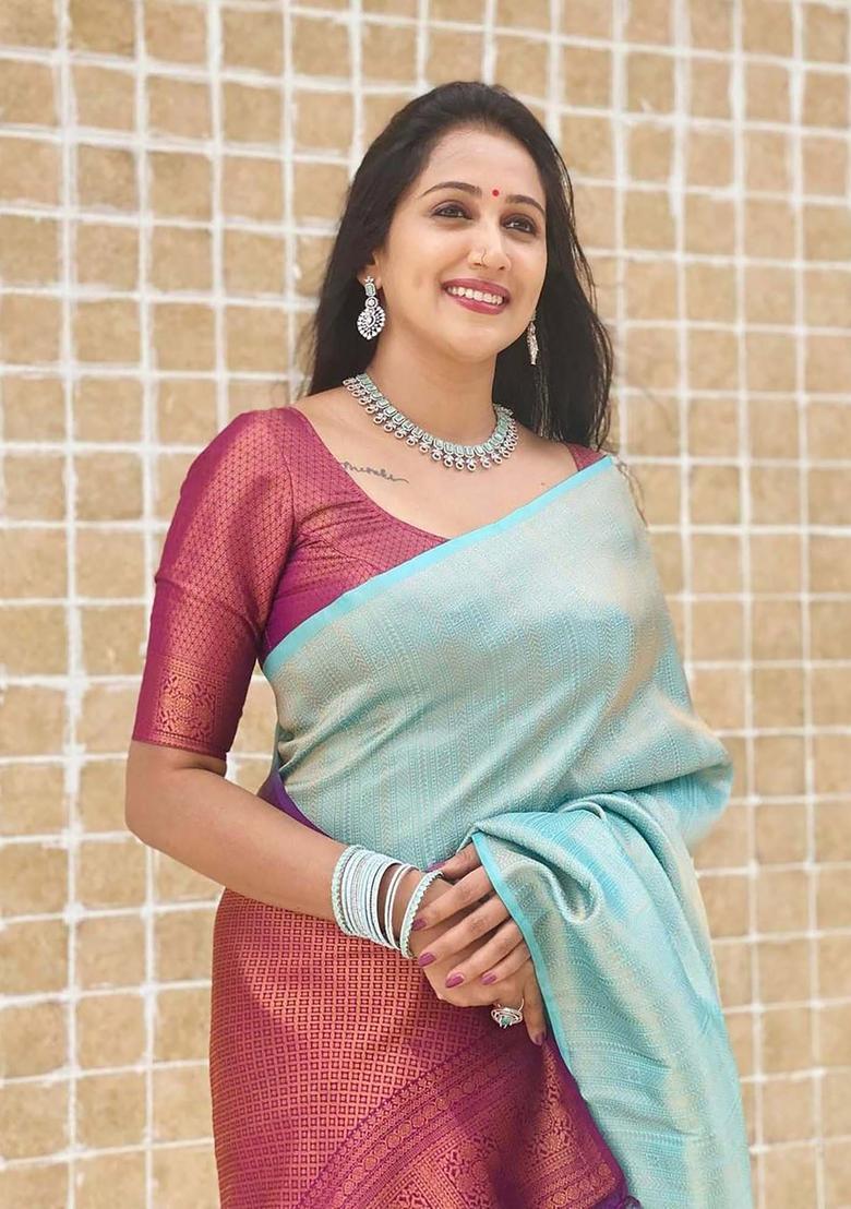 Blue Woven Jacquard Saree Set - Indya