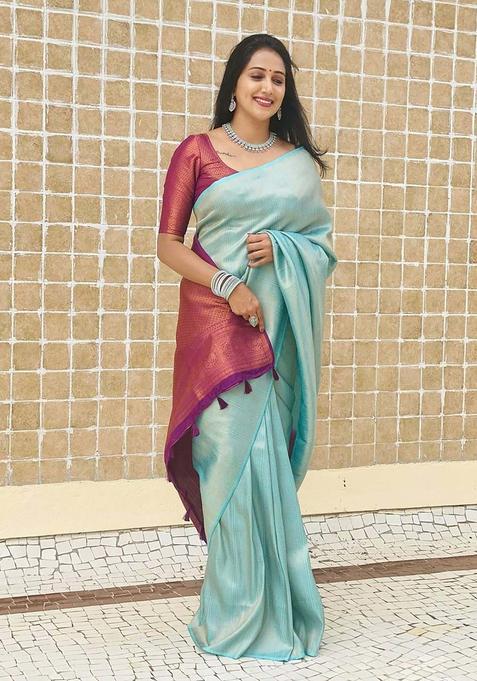 Blue Woven Jacquard Saree Set