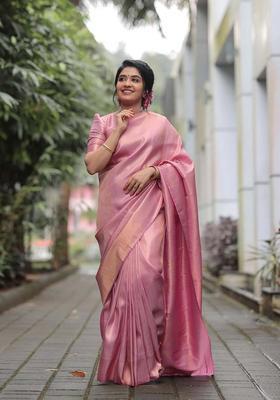 Pink Woven Jacquard Saree Set