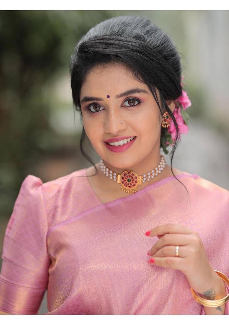 Pink Woven Jacquard Saree Set - Indya