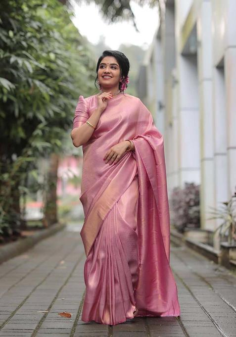 Pink Woven Jacquard Saree Set