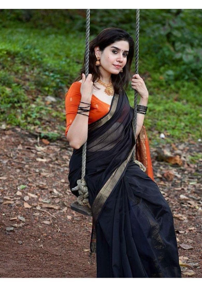 Black Woven Jacquard Saree Set - Indya
