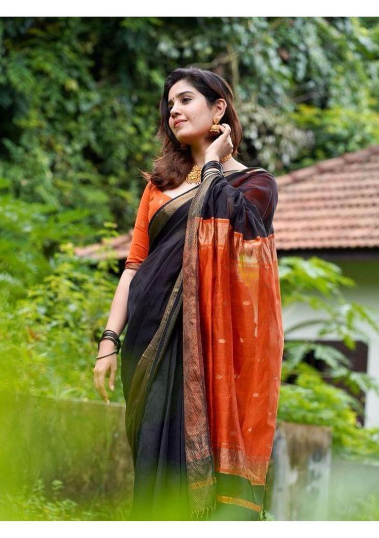 Black Woven Jacquard Saree Set - Indya