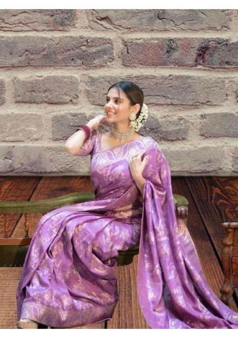 Lavender Printed Jacquard Saree Set - Indya