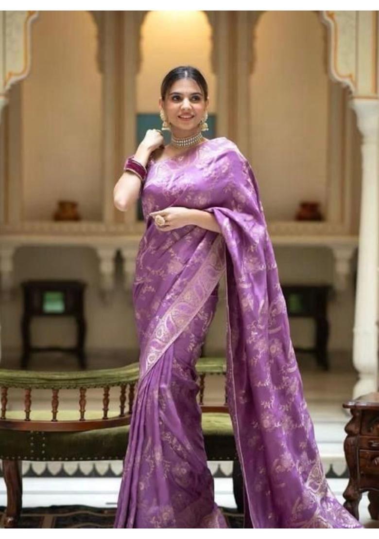 Lavender Printed Jacquard Saree Set - Indya