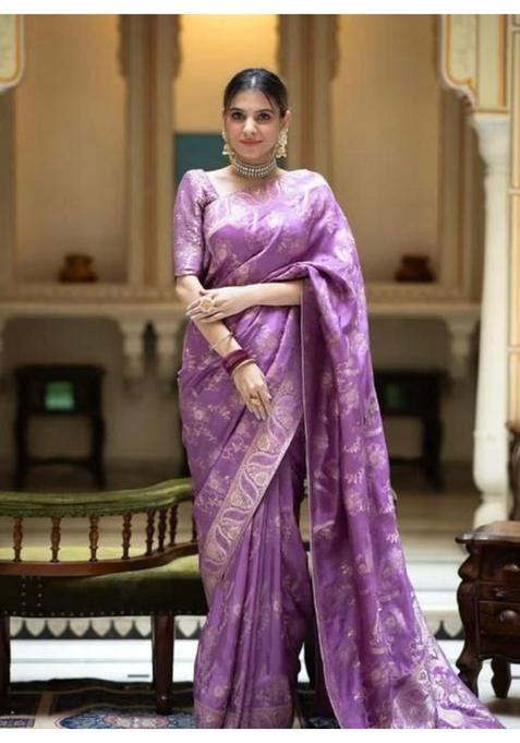 Lavender Printed Jacquard Saree Set