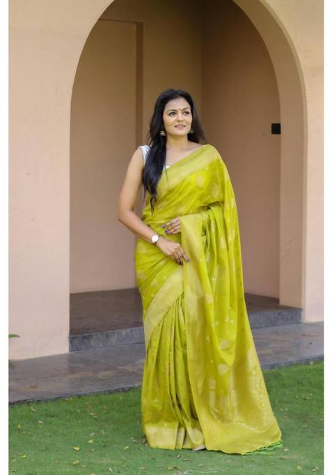 Green Woven Silk Blend Saree Set