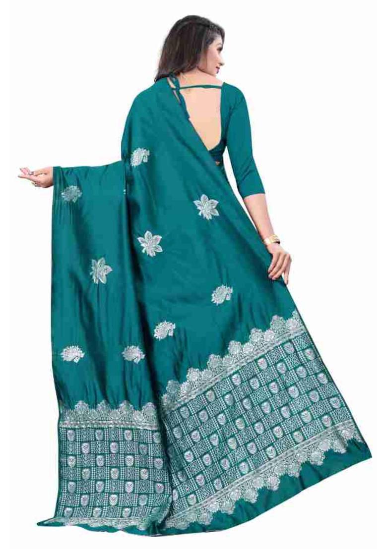 Green Woven Silk Blend Saree Set - Indya
