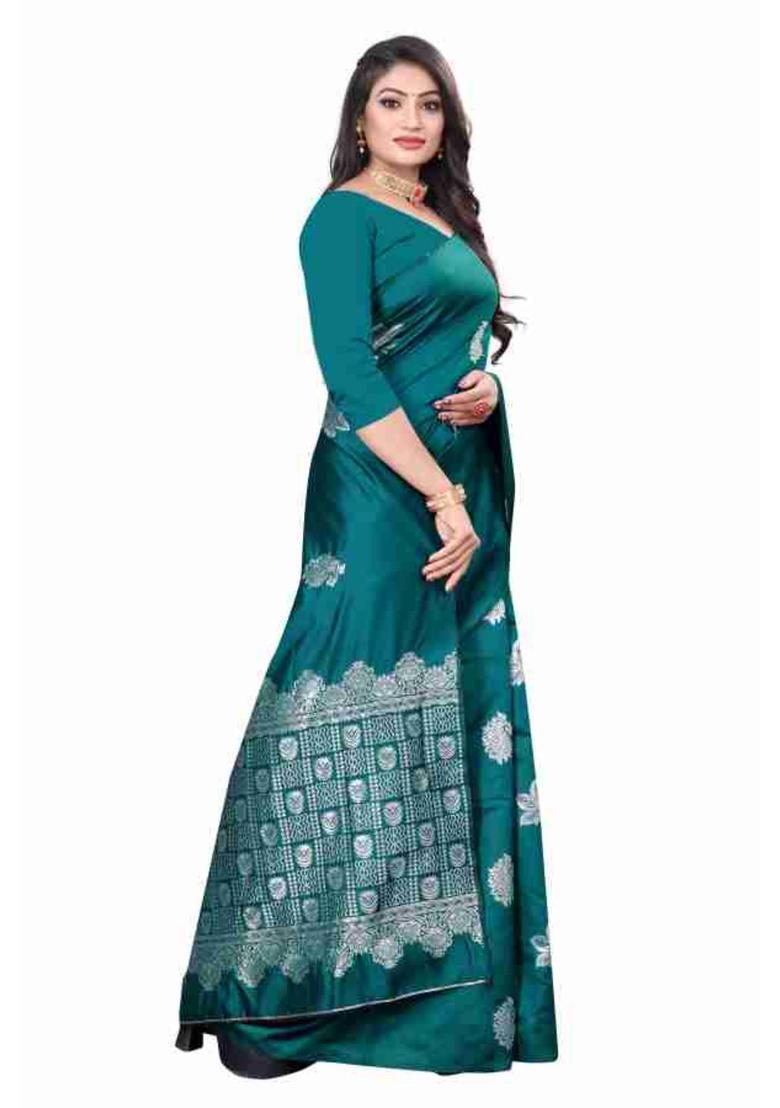 Green Woven Silk Blend Saree Set - Indya