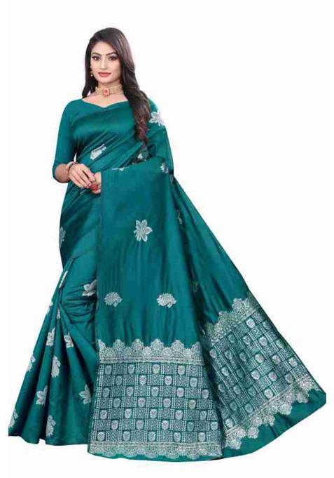 Green Woven Silk Blend Saree Set