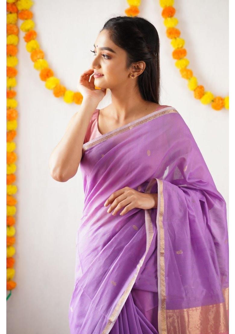 Lavender Printed Jacquard Saree Set - Indya