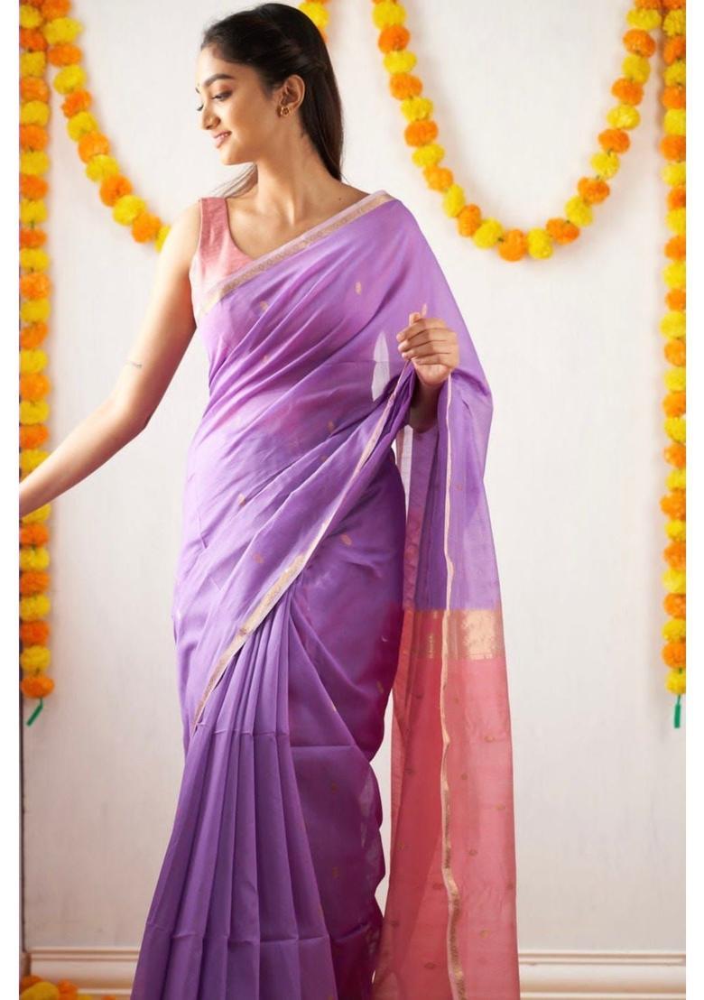 Lavender Printed Jacquard Saree Set - Indya