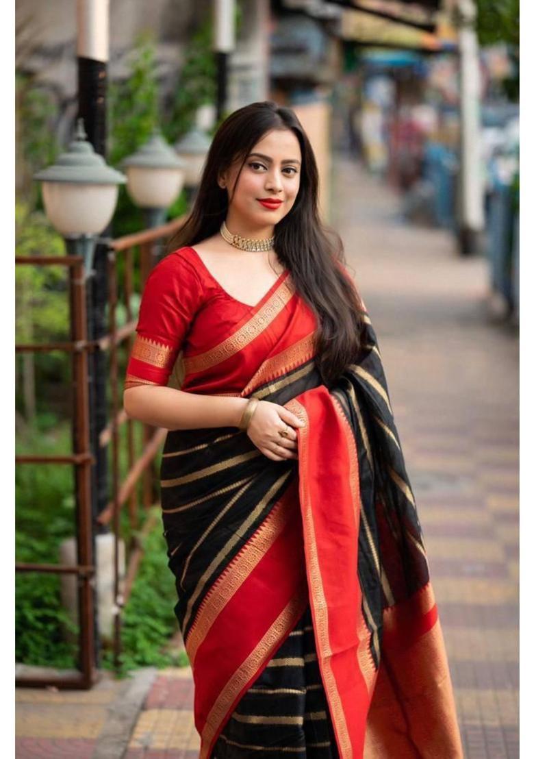 Black Woven Jacquard Saree Set - Indya