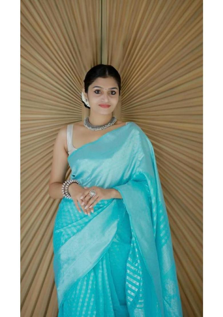Blue Woven Jacquard Saree Set - Indya