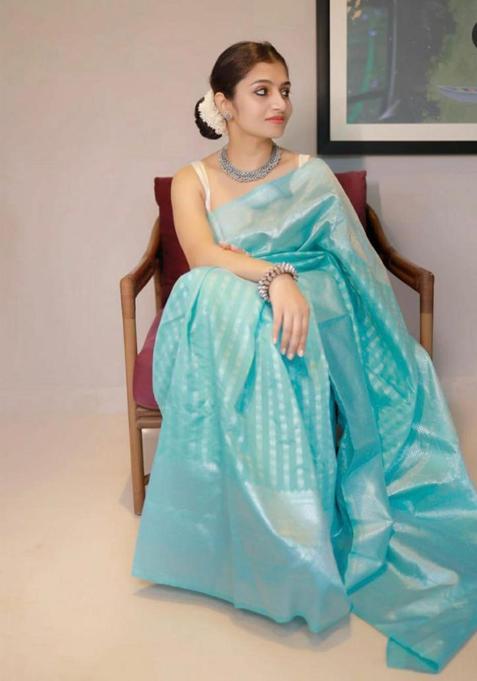 Blue Woven Jacquard Saree Set