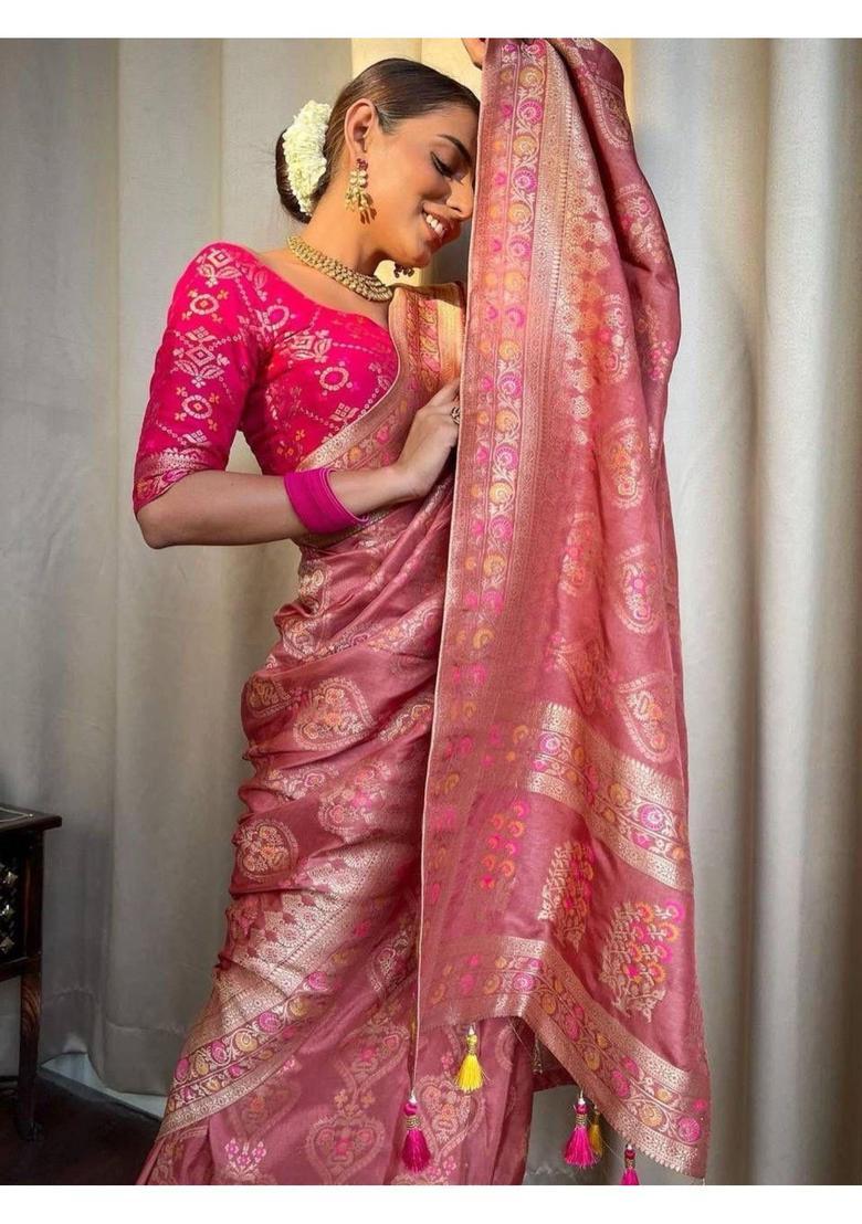 Pink Printed Jacquard Saree Set - Indya