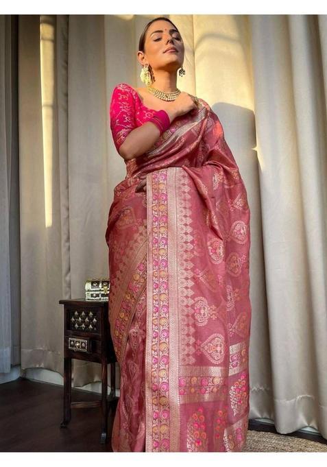 Pink Printed Jacquard Saree Set