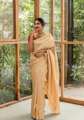 Cream Woven Jacquard Saree Set