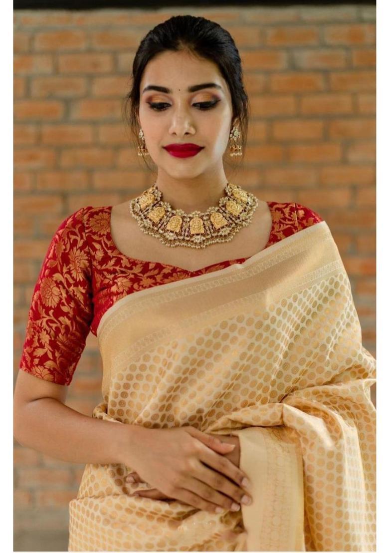 Cream Woven Jacquard Saree Set - Indya