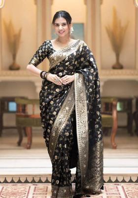 Black Woven Silk Blend Saree Set