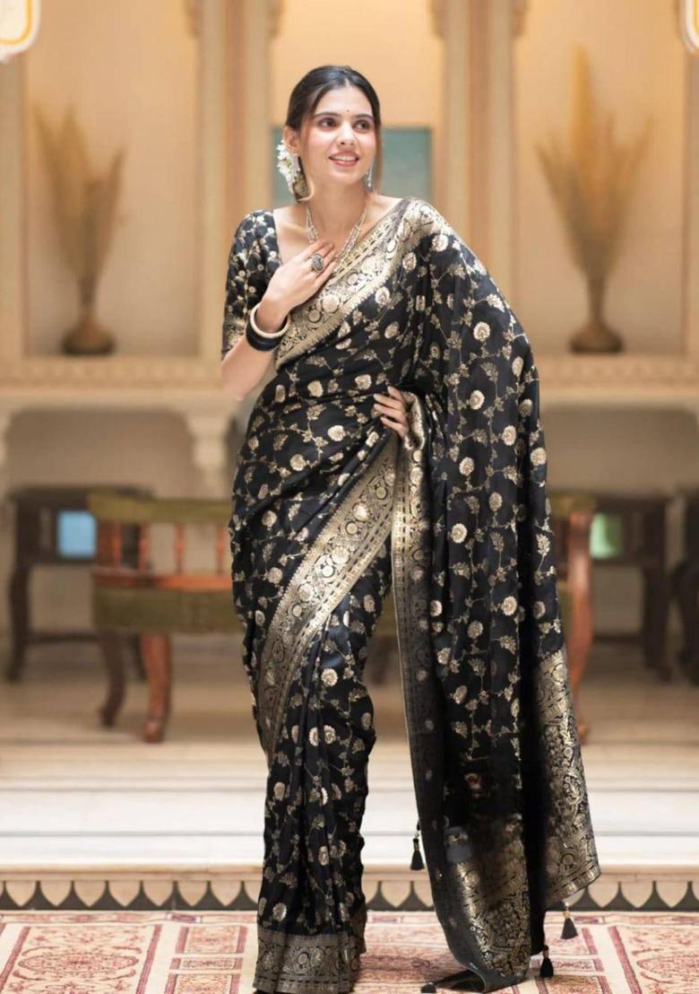 Black Woven Silk Blend Saree Set - Indya