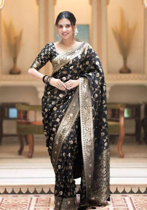 Black Woven Silk Blend Saree Set
