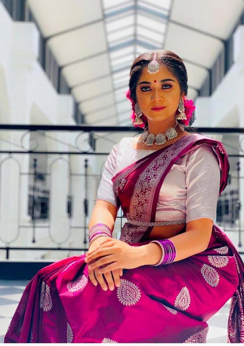 Wine Woven Jacquard Saree Set - Indya