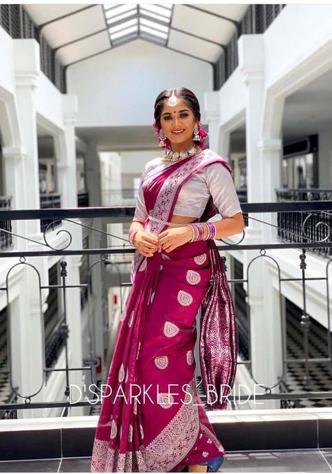 Wine Woven Jacquard Saree Set