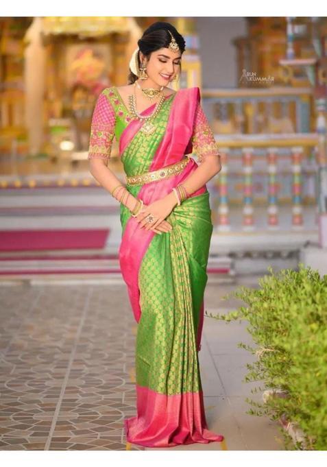 Green Woven Jacquard Saree Set