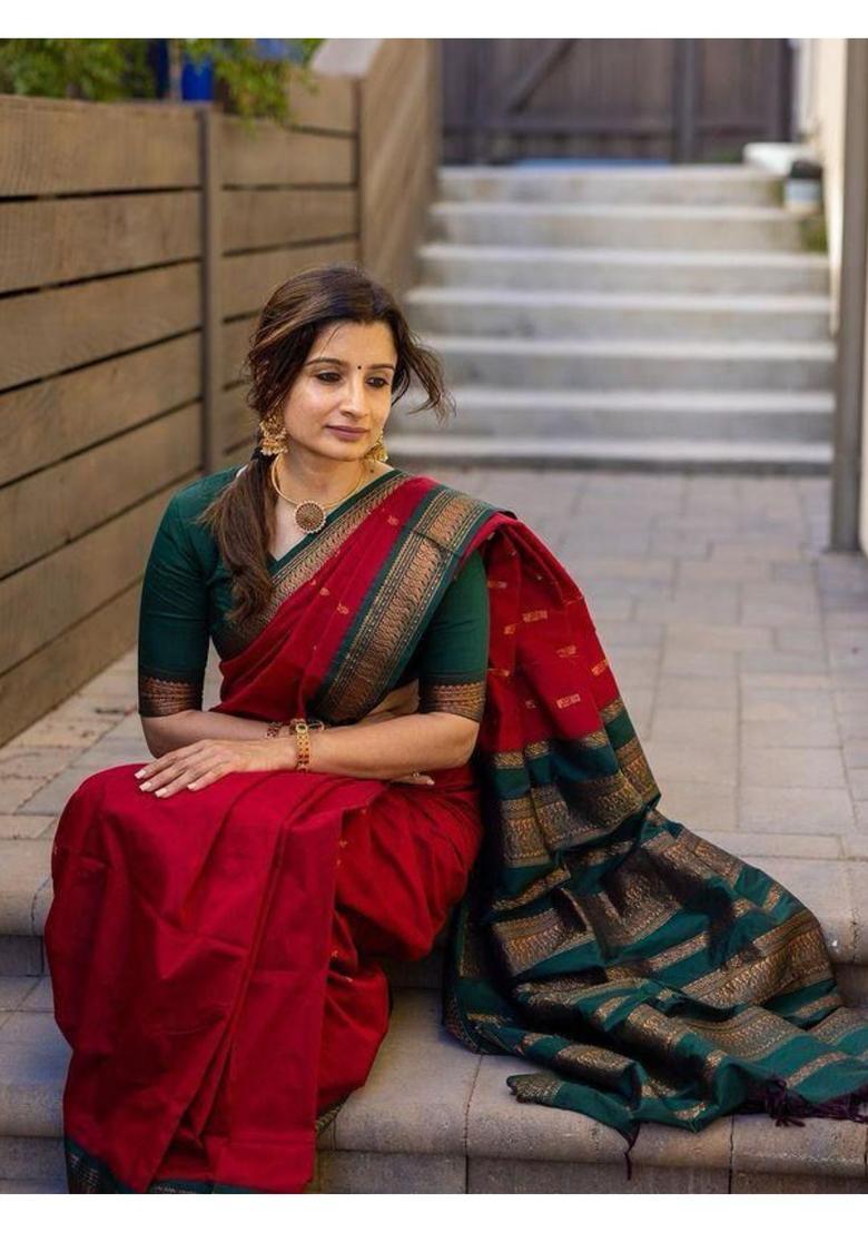 Maroon Printed Jacquard Saree Set - Indya