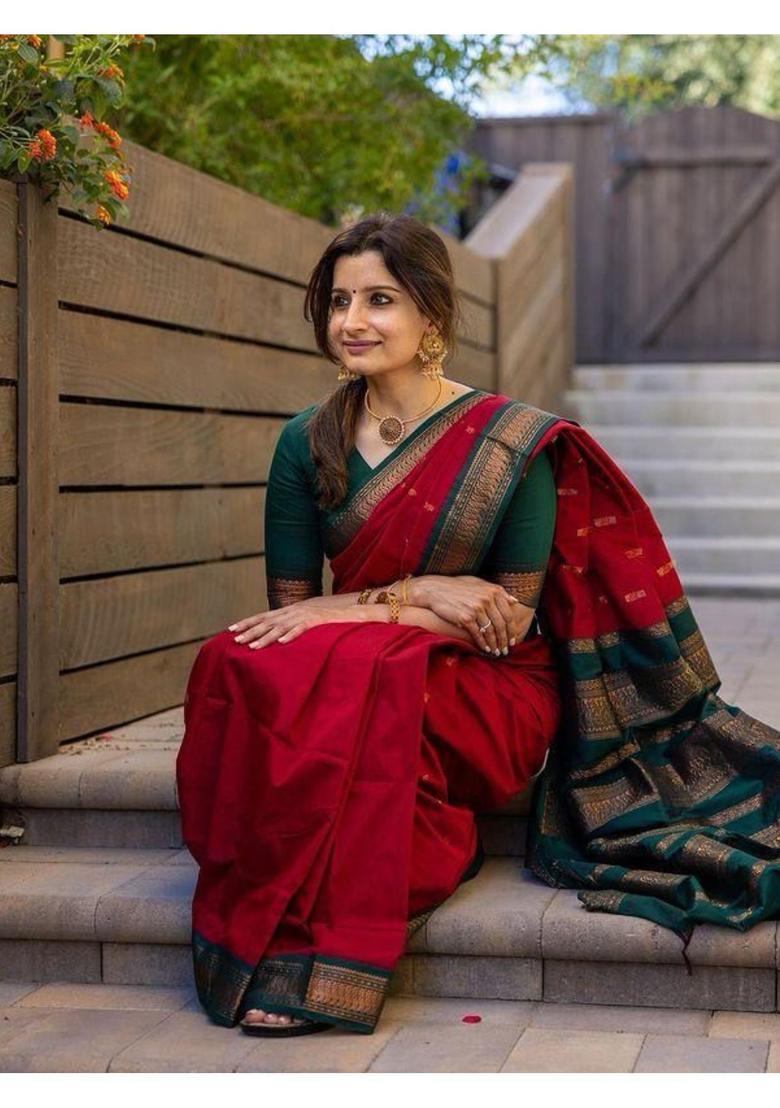 Maroon Printed Jacquard Saree Set - Indya