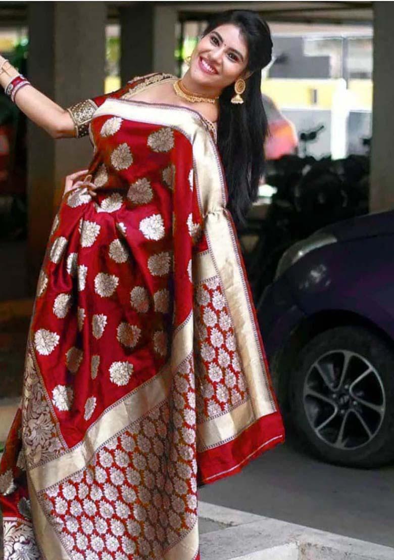 Red Woven Silk Blend Saree Set - Indya