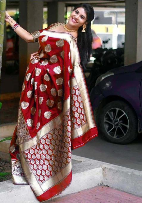 Red Woven Silk Saree Set