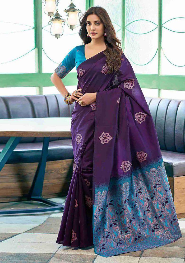 Purple Woven Jacquard Saree Set - Indya