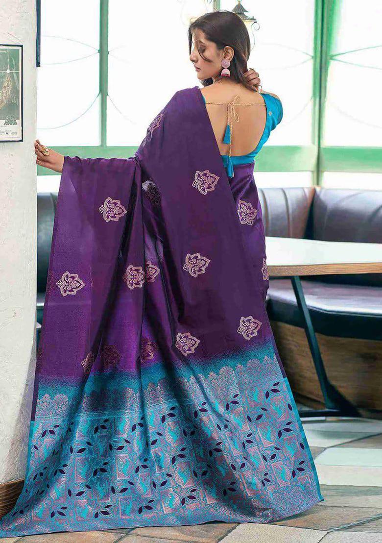 Purple Woven Jacquard Saree Set - Indya