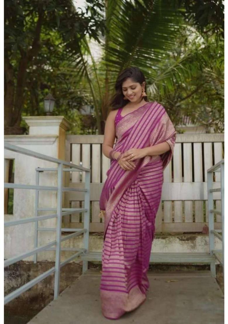 Purple Woven Jacquard Saree Set - Indya