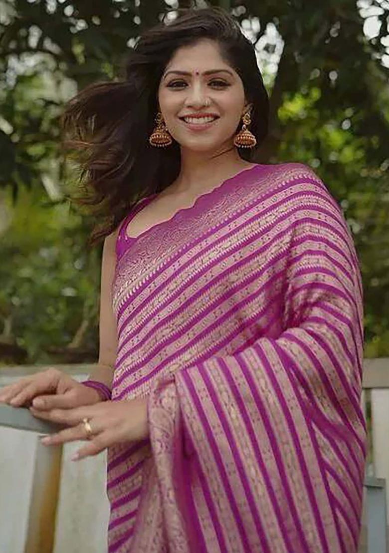 Purple Woven Jacquard Saree Set - Indya