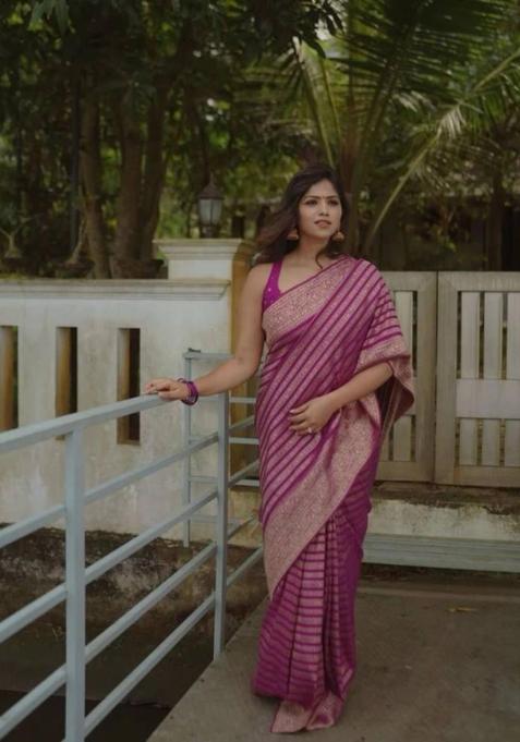 Purple Woven Jacquard Saree Set