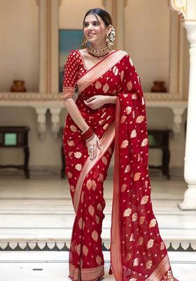 Red Woven Silk Blend Saree Set