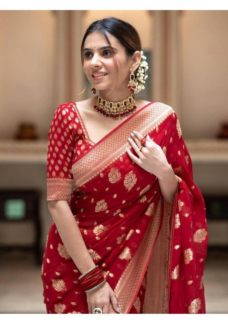 Red Woven Silk Blend Saree Set - Indya