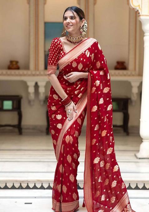 Red Woven Silk Saree Set